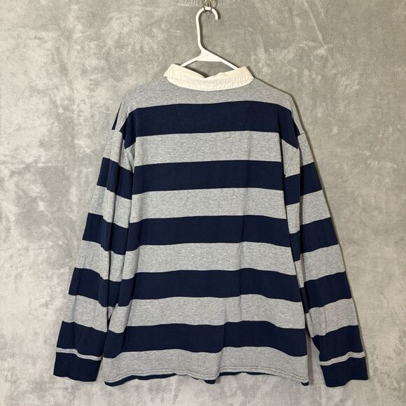St. John’s Bay 2XL Navy Blue Gray Stripe Men Collared Long Sleeve Polo Preppy - Picture 3 of 6